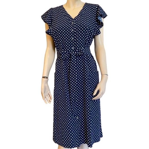 CLEARANCE 90’s Vintage Dress Navy & White Polka Dot Flutter Sleeve Size Large - Picture 1 of 9
